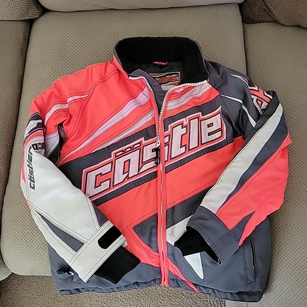 Castle X Jacket Racing Snowmobile  Girls Coat Sz L  YOUTH LARGE Gray white coral